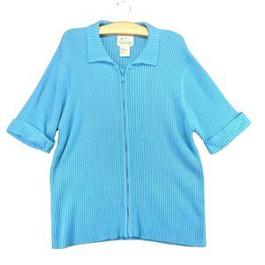 The Quacker Factory Sweater Womens Large Blue Full Zip Ribbed Knit Short Sleeve